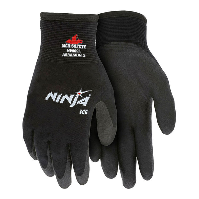 A pair of MCR Safety Ninja Ice Glove N9690 black cold weather gloves with abrasion rating and MCR Safety details on the cuffs. Hydropellent technology and a textured palm/finger coating enhance grip. Sold as 12 pairs.