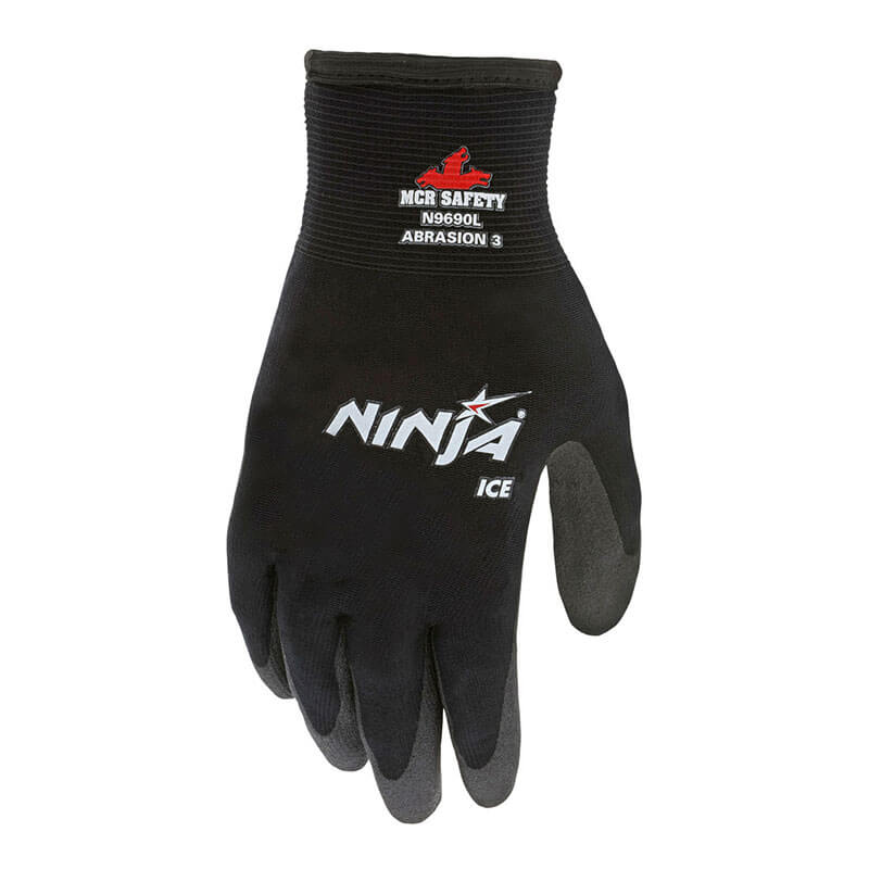 The MCR Safety Ninja Ice Glove N9690 (12 pairs) features reinforced fingertips, a textured grip, and hydropellent technology for superior cold weather protection, with "MCR SAFETY N9690L ABRASION 3" and "Ninja ICE" in white on the black back.
