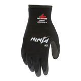The MCR Safety Ninja Ice Glove N9690 (12 pairs) features reinforced fingertips, a textured grip, and hydropellent technology for superior cold weather protection, with "MCR SAFETY N9690L ABRASION 3" and "Ninja ICE" in white on the black back.