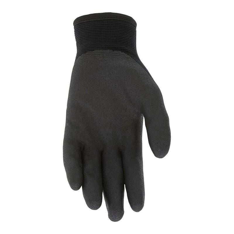 A black MCR Safety Ninja Ice Glove N9690 (12 pairs) with a textured surface and snug ribbed cuff, shown palm forward on a white background—perfect cold weather gloves by MCR Safety.
