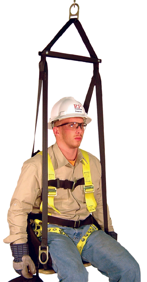 A person equipped with comprehensive safety gear, including a helmet, goggles, gloves, and a harness, is suspended in the French Creek Deluxe Work Seat with Comfort Seat Back 4151. This setup includes fall protection and highlights a high-visibility vest worn over casual attire.