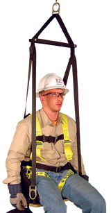 A person equipped with comprehensive safety gear, including a helmet, goggles, gloves, and a harness, is suspended in the French Creek Deluxe Work Seat with Comfort Seat Back 4151. This setup includes fall protection and highlights a high-visibility vest worn over casual attire.