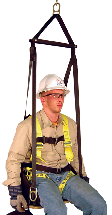 A person equipped with comprehensive safety gear, including a helmet, goggles, gloves, and a harness, is suspended in the French Creek Deluxe Work Seat with Comfort Seat Back 4151. This setup includes fall protection and highlights a high-visibility vest worn over casual attire.