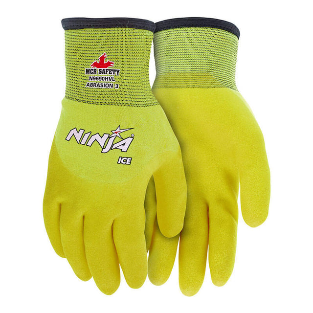 A set of 12 pairs of MCR Safety Ninja Ice Hi-Vis Gloves N9690HV featuring bright yellow with black cuffs and safety labels, ideal for cold weather work. Brand: MCR Safety. Displayed on a white background.