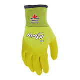 The MCR Safety Ninja Ice Hi-Vis Gloves N9690HV (12 pairs) are yellow cold weather work gloves with black trim, designed for protection and abrasion resistance in tough environments. "Ninja Ice" and "MCR Safety" appear on the back.