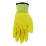 A single MCR Safety Ninja Ice Hi-Vis Glove (from 12-pair pack) is shown palm up on a white background, featuring yellow cold weather material, a textured surface, and a gray elastic cuff.
