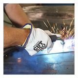 A person wearing protective gloves uses a welding tool on a metal surface, producing bright sparks. The glove reads “MCR Safety,” and features a DuPont Kevlar liner for enhanced protection, making the MCR Premium Grain Goatskin Driver Gloves 3601K (12 pairs) one of the leading cut resistant gloves available.