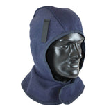 A black mannequin head displays the PIP 1-Layer Fleece Liner with Shell 364-SL1FB by PIP, in a dark blue color. This winter liner includes a front closure and side velcro patch and is crafted from soft fleece fabric that extends to shoulder length. It provides additional warmth by covering the neck area, making it perfect for work in cold weather conditions.