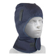 A mannequin head displays the PIP 1-Layer Fleece Liner with Shell 364-SL1FB—a dark blue, shoulder-length winter hood by PIP, covering neck and chin with Velcro fastenings—ideal for winter workwear.