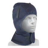 A mannequin head displays the PIP 1-Layer Fleece Liner with Shell 364-SL1FB—a dark blue, shoulder-length winter hood by PIP, covering neck and chin with Velcro fastenings—ideal for winter workwear.