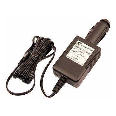 A black RKI Instruments 12 VDC Adapter for the GX-2009 and GX-2012, model 49-2020RK, featuring a neatly coiled cord with a vehicle plug. The casing includes a label with specifications, making it ideal for charging in vehicles.