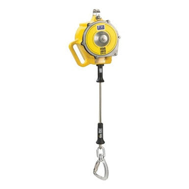 The 3M DBI-SALA Fall Protection DBI-SALA Tension Limiter Accident Protection 3601490 is a fall arrest block with a durable metal casing and a reflective strip for improved visibility. It features an extended cable ending with a metal hook and safety clip, playing a crucial role in crane safety by preventing falls and ensuring secure anchorage in diverse work settings.