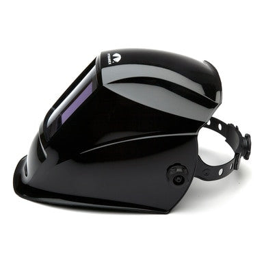 The Pyramex Safety LEADHEAD Auto Darkening Helmet WHAM3030GB, featuring a clear viewing window and a robust adjustable head strap, is showcased against a white background. Crafted from high-impact resistant nylon, it presents a sleek and modern design that combines glossy and matte finishes to offer exceptional welding protection.