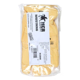A pair of yellow MCR Safety Mustang HiDex Kevlar Lined Leather Driver MU3664K gloves, packaged in clear plastic, with a label displaying safety ratings and sizing details, highlighting their cut-resistant work glove features.