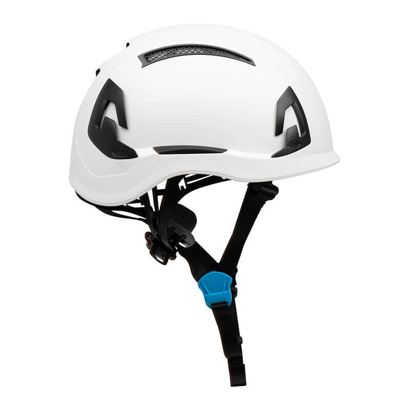 The PIP EVO ALTA Ascend Type II Non-Vented Helmet 280-EVOALT by Protective Industrial Products is a white industrial climbing helmet equipped with black adjustable straps and ventilation features. It includes a blue buckle on the chin strap for fastening, an ABS shell with black accents, and an EPP foam impact liner for increased protection.