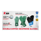 Showcase the MCR Safety Neomax Neoprene Glove 6912 (12 pairs), double dipped in green and black for superior handling, waterproof, with sandy grip finish, interlock lining for protection, and FDA/EU certified.