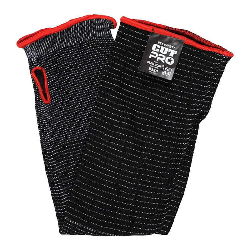A pair of black MCR Safety Cut Pro 13-gauge 18" Steelcore cut resistant sleeves with white dotted lines, red edge trim, thumb hole, and a label showing "CUT PRO," "A4," and ANSI A4 cut resistance info. Pack of 10.