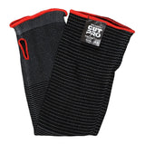 A pair of black MCR Safety Cut Pro 13-gauge 18" Steelcore cut resistant sleeves with white dotted lines, red edge trim, thumb hole, and a label showing "CUT PRO," "A4," and ANSI A4 cut resistance info. Pack of 10.
