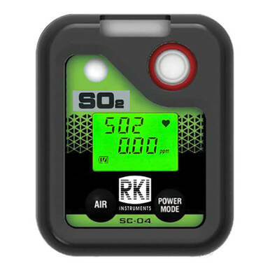 The RKI Instruments SC-04 Series SO2 Single Gas Monitor 73-0081, from the brand RKI Instruments, displays "SO₂" with measurements of "5.02" and "0.00 ppm" on a green screen, making it ideal for personal monitoring of hazardous materials. This device features buttons labeled "Air" and "Power Mode.