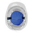 A PIP EZ-COOL Evaporative Cooling Hard Hat Pad 396-400-BLU, featuring two black straps, is attached inside a transparent helmet and viewed from above.
