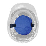 A PIP EZ-COOL Evaporative Cooling Hard Hat Pad 396-400-BLU, featuring two black straps, is attached inside a transparent helmet and viewed from above.