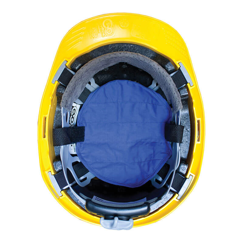 An overhead view reveals the interior of a yellow safety helmet, showcasing a PIP EZ-COOL Evaporative Cooling Hard Hat Pad 396-400-BLU secured by black straps. This helmet, branded by PIP, includes an adjustable headband and utilizes evaporative cooling technology for enhanced comfort and protection