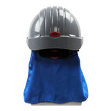 A gray hard hat with a red "JSP" logo, equipped with the PIP EZ-COOL Cooling Hard Hat Pad with Neck Shade 396-405-BLU for added protection and comfort.