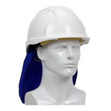 A PIP EZ-COOL Cooling Hard Hat Pad with Neck Shade 396-405-BLU is shown on a white mannequin head, featuring an evaporative cooling design and blue neck shade for enhanced sun protection.