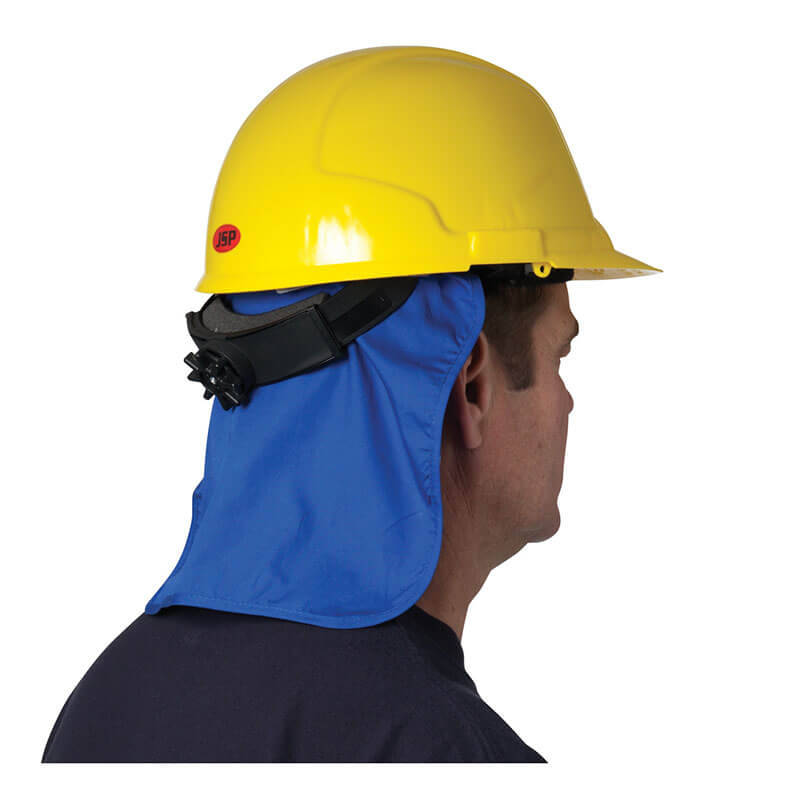 A person wearing a PIP EZ-COOL Cooling Hard Hat Pad with Neck Shade 396-405-BLU is viewed from the side against a plain white background, featuring a yellow hard hat with an integrated blue neck flap for sun protection and evaporative cooling.