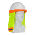 The PIP FR Treated Hi-Vis Hard Hat Neck Shade 396-700FR-YEL is a white safety helmet accessory featuring neon yellow mesh and an orange brim band. Equipped with two gray reflective stripes, it’s made from high visibility fabric and displayed on a white mannequin head, making it essential for any worksite.