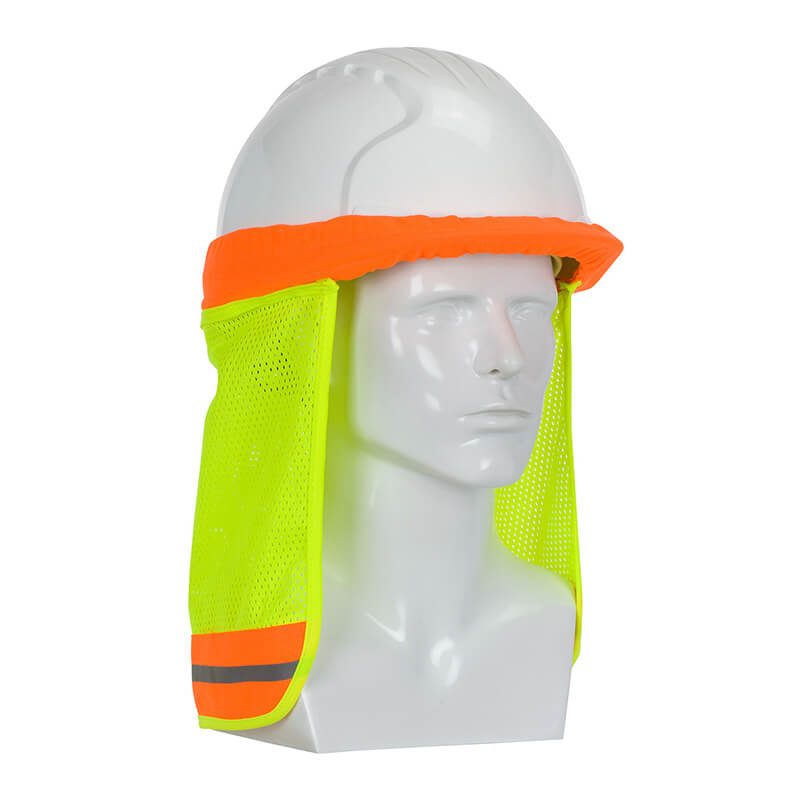 The PIP FR Treated Hi-Vis Hard Hat Neck Shade 396-700FR-YEL is a white safety helmet accessory featuring neon yellow mesh and an orange brim band. Equipped with two gray reflective stripes, it’s made from high visibility fabric and displayed on a white mannequin head, making it essential for any worksite.
