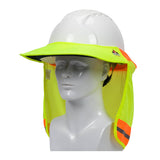 The PIP FR Treated Hard Hat Visor 396-801FR-YEL is a neon yellow and orange sun shield with reflective strips, shown on a white hard hat and gray mannequin head, offering neck and face protection. Packaged 12 per box.