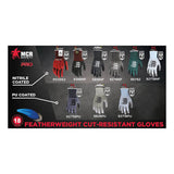 A display features MCR Safety CutPro 18 Ga HyperMax PU Gloves 92718PU (12 pairs) in red and gray, organized by ANSI cut levels. The text reads “Featherweight Cut-Resistant Gloves.”.