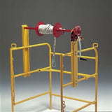 A yellow scaffolding system featuring a mounted red pulley and an Allegro Guard Rail Winch 9401-10 by Allegro, equipped with a spool of white rope. This setup includes a hand crank for adjusting rope tension, making it ideal for applications that require confined space equipment.