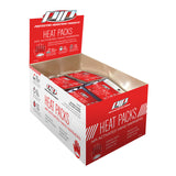 A red and white display box labeled "PIP Heat Packs (40 pairs/box)" from PIP contains multiple air-activated hand warmers, featuring product details and usage icons—ideal for convenient retail display.