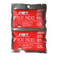 Two packets of PIP Heat Packs with a red and white design, ideal for winter workwear. The packaging includes text and icons illustrating usage instructions and features. These convenient heat packs from PIP offer reliable warmth when you need it most.