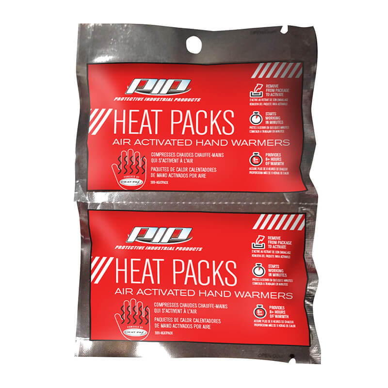 Two packets of PIP Heat Packs with a red and white design, ideal for winter workwear. The packaging includes text and icons illustrating usage instructions and features. These convenient heat packs from PIP offer reliable warmth when you need it most.