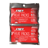 Two packets of PIP Heat Packs with a red and white design, ideal for winter workwear. The packaging includes text and icons illustrating usage instructions and features. These convenient heat packs from PIP offer reliable warmth when you need it most.