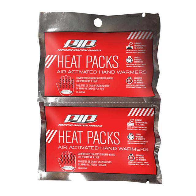 Two packets of PIP Heat Packs with a red and white design, ideal for winter workwear. The packaging includes text and icons illustrating usage instructions and features. These convenient heat packs from PIP offer reliable warmth when you need it most.