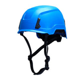 Introducing the Pyramex SL T2 Safety Helmet HPT26111_, a sleek and modern bright blue helmet from Pyramex Safety. It features black adjustable straps and compatibility with accessories for added convenience, ensuring excellent impact absorption, ideal for use in construction or industrial settings. The helmet is showcased against a plain white background.
