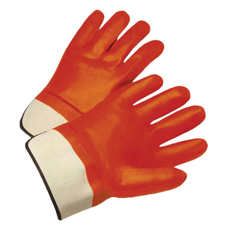 The PIP PVC Dipped Gloves with Jersey Liner and Smooth Finish, in a vibrant orange color, feature safety cuffs and are crafted for protection and enhanced grip. These gloves are showcased against a simple white background.