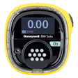 The BW Honeywell Solo Wireless Gas Detector O3 BWS1-G-Y, featuring a vibrant yellow casing with a black face, clearly displays "0.00" and "03 PPM." Equipped with a button and honeycomb-style sensor below the screen, it seamlessly integrates with Safety Suite software for enhanced monitoring.