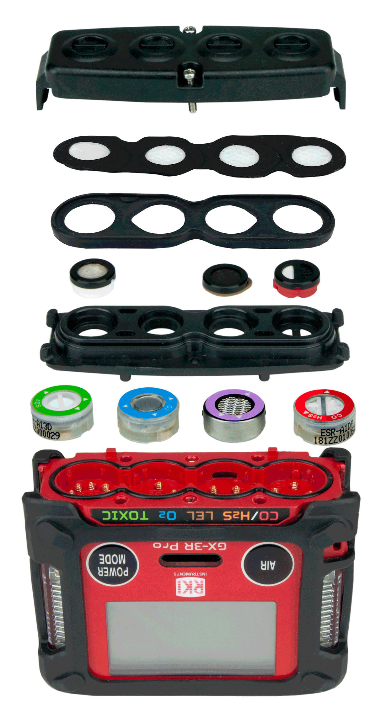 An exploded view of the RKI Instruments GX-3R Pro 5 Gas Confined Space Monitor with Wireless Communication shows its outer case, sensors, gaskets, and electronic parts stacked vertically against a white background.