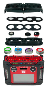 An exploded view of the RKI Instruments GX-3R Pro 5 Gas Confined Space Monitor with Wireless Communication shows its outer case, sensors, gaskets, and electronic parts stacked vertically against a white background.