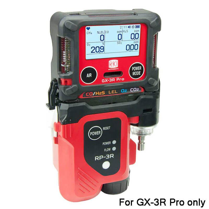 The RKI RP-3R Sample Drawing Pump, by RKI Instruments, attaches to the GX-3R Pro gas detector for confined space entry. Red housing; digital display shown. Text reads: "For GX-3R Pro only.