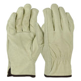 A pair of PIP Economy Top Grain Pigskin Leather Drivers Gloves 994KF in light beige showcases a soft, textured finish with visible stitching and elastic cuffs. The gloves feature a keystone thumb design to enhance flexibility, with both gloves displayed upright to show their front and back sides.