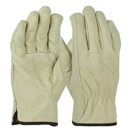 A pair of PIP Economy Top Grain Pigskin Leather Drivers Gloves 994KF in light beige showcases a soft, textured finish with visible stitching and elastic cuffs. The gloves feature a keystone thumb design to enhance flexibility, with both gloves displayed upright to show their front and back sides.