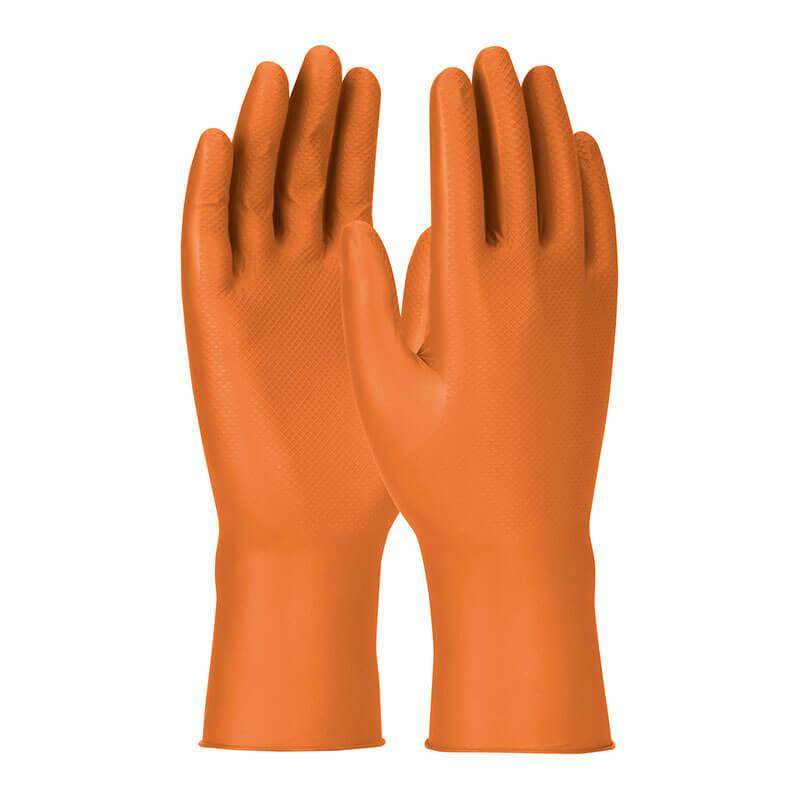 The PIP Grippaz Engage Gloves 67-307 by Protective Industrial Products are shown standing upright with their fingertips pointing upwards. Their orange, rubber-textured surface suggests superior grip performance and durability. Set against a plain white background, these gloves are crafted for efficient handling of various tasks.