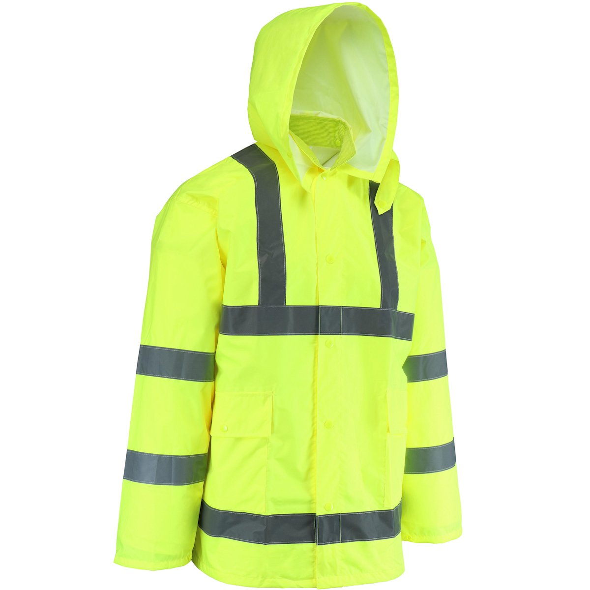 The PIP Viz ANSI Type R Class 3 Waterproof Jacket WW4033J, by Protective Industrial Products, is a bright yellow hi-visibility jacket designed with gray reflective stripes. It features a hood, button-up front, and two front pockets to ensure maximum visibility and protection in low light conditions.