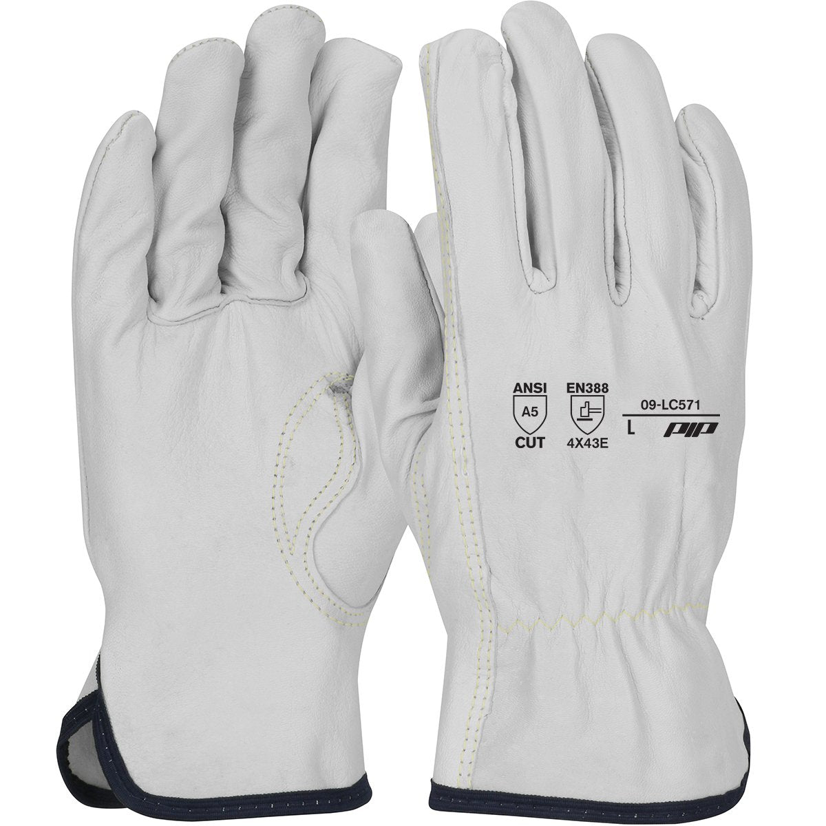 A pair of PIP Economy Goatskin Leather Gloves with HPPE Lining, model 09-LC571, featuring ANSI A5 cut resistance and size "L" printed on the back. Designed for industrial use, these white gloves with black cuffs are touchscreen-compatible and highlight protective certifications and standards compliance.